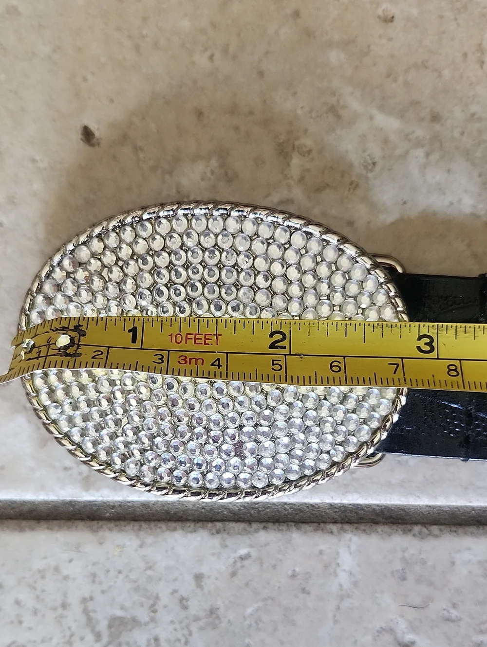 Nine West  Black Leather Belt with Silver Crystal Oval Buckle
